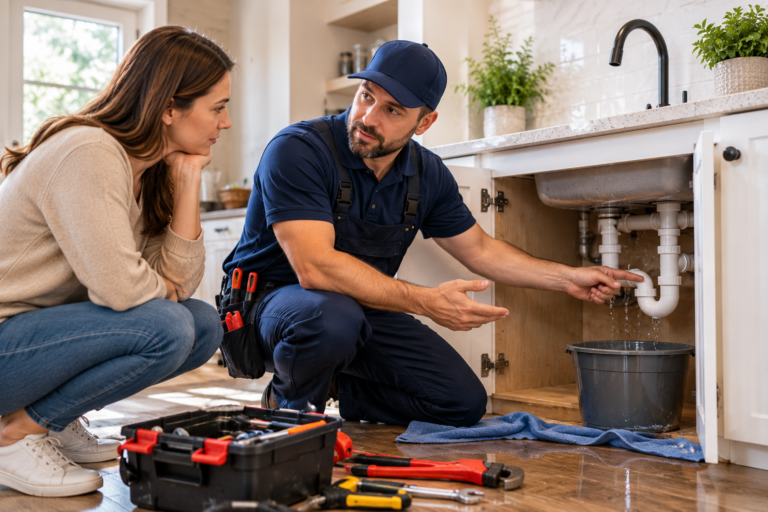 Plumber explaining a home plumbing repair